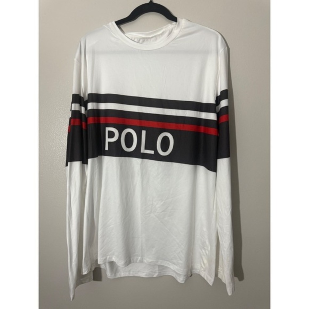 Polo Long Sleeve T-Shirt Graphic Print Striped White‎ Top
